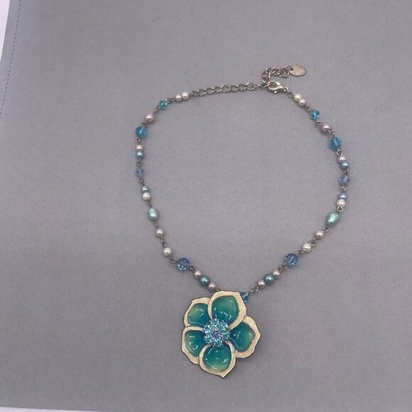 Large Floral Rhinestone Enamel Pendant Multicolor Faux Pearl Necklace 13 to 16 - Picture 2 of 6